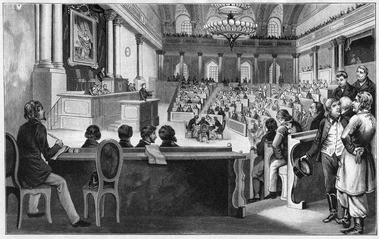 Revolution in Wien 1848 - 1848年7月、オーストリア・ウィーンのスペイン乗馬学校で開催された第1回オーストリア制憲議会（Reichsversammlung）の会議。 作： 無名の画家