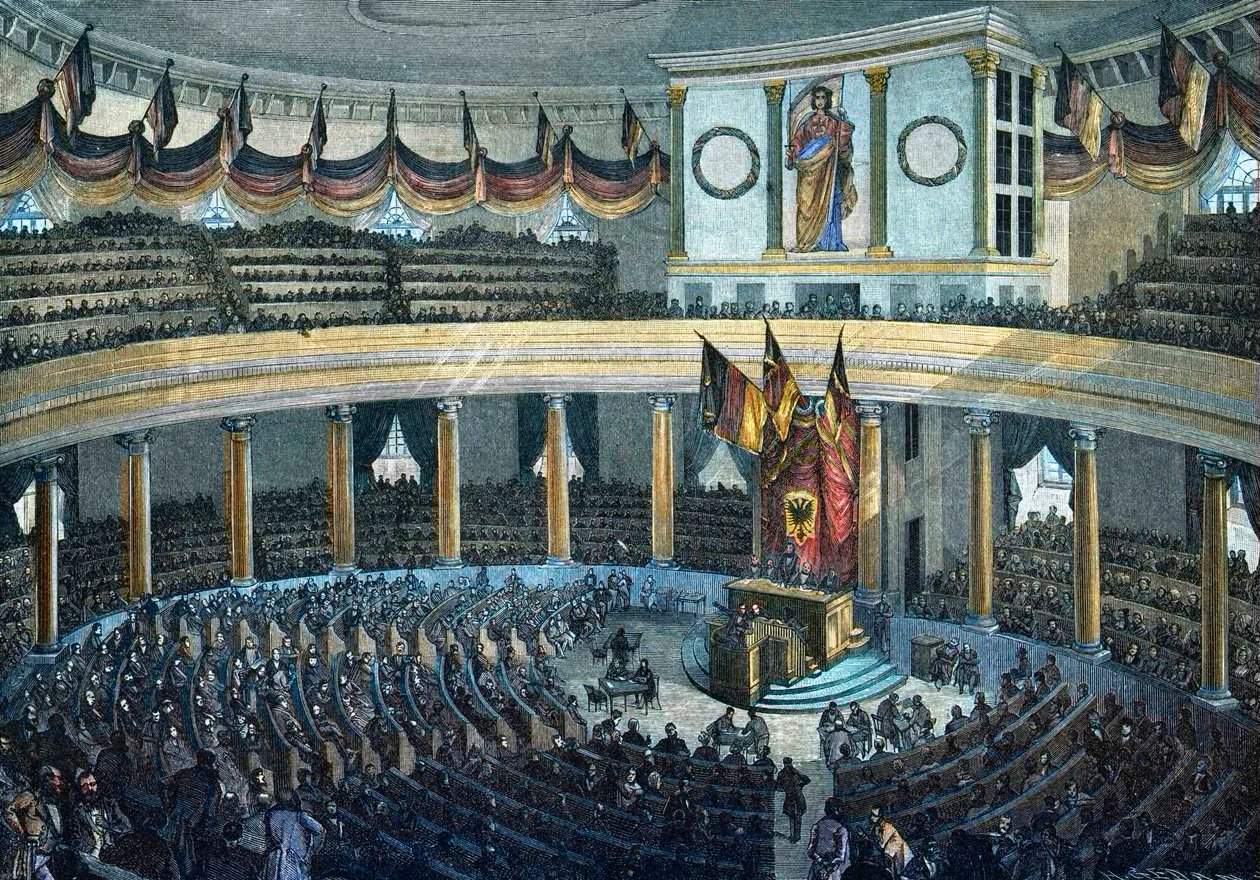1848年～1849年の革命。フランクフルト・アム・マインの聖パウロ教会でのドイツ国民議会-彩色木版画 作： 無名の画家