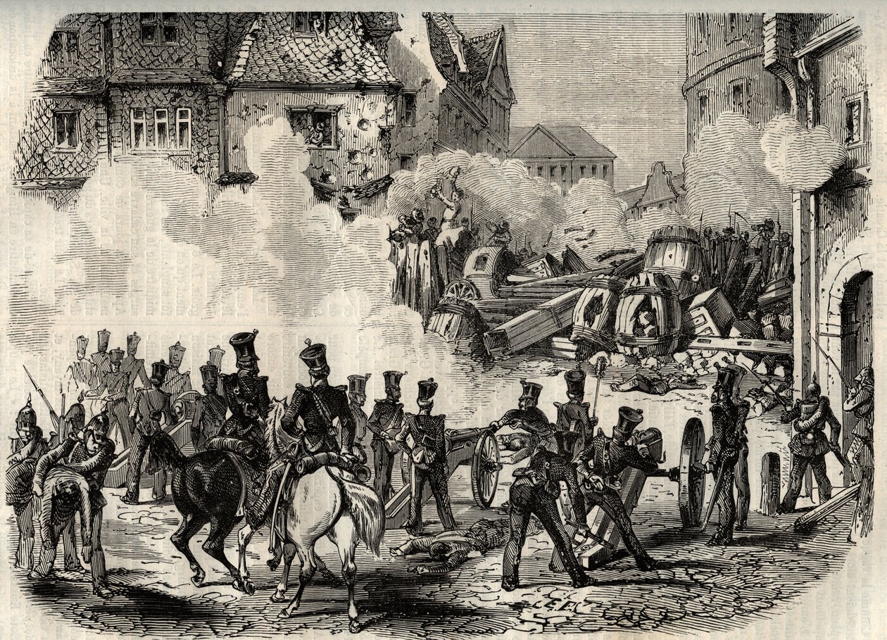 革命1848年～1849年、ドイツ、フランクフルト-9月18日、ドイツのフランクフルトでバリケードを襲撃する軍隊 作： 無名の画家