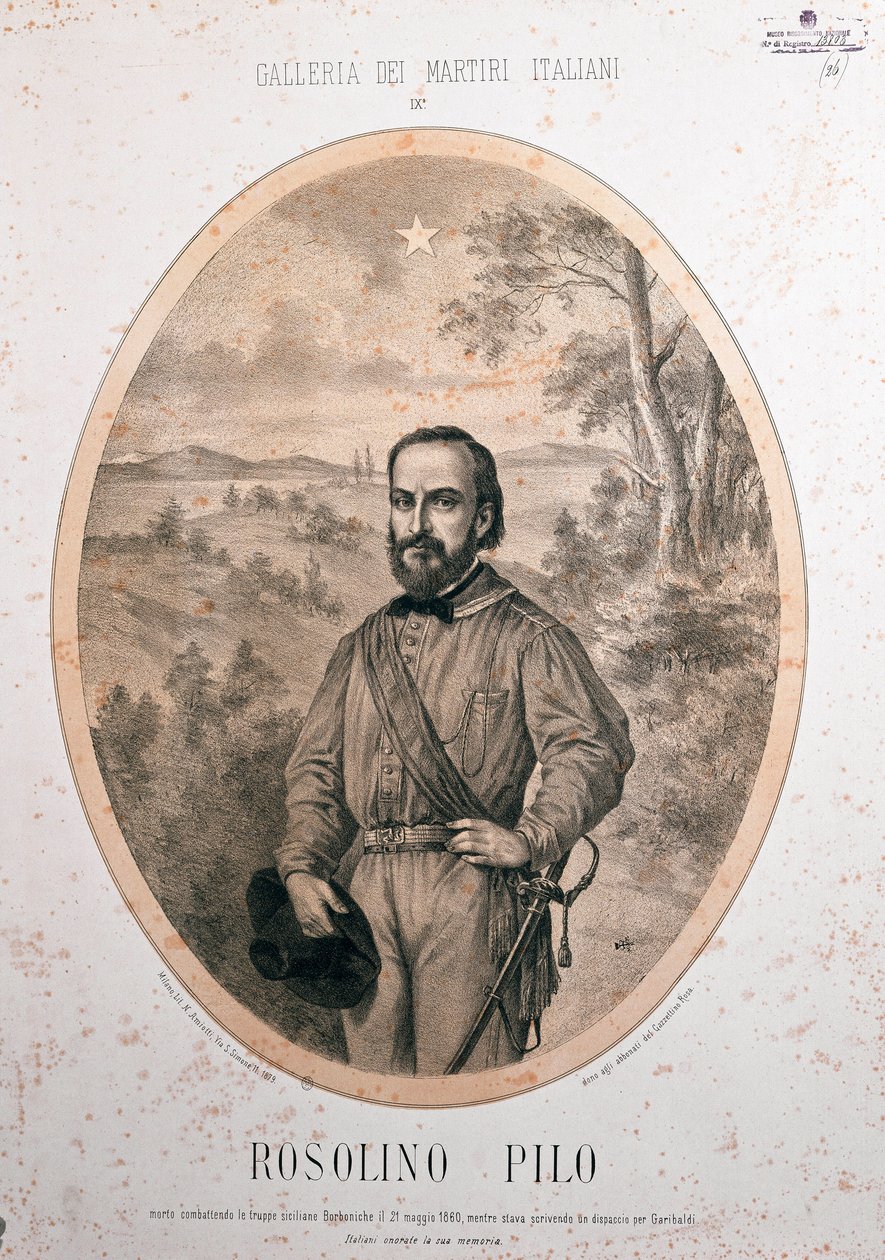 リソルジメント：「イタリアの愛国者ロゾリーノ・ピロ（1820-1860）の肖像」。 作： 無名の画家