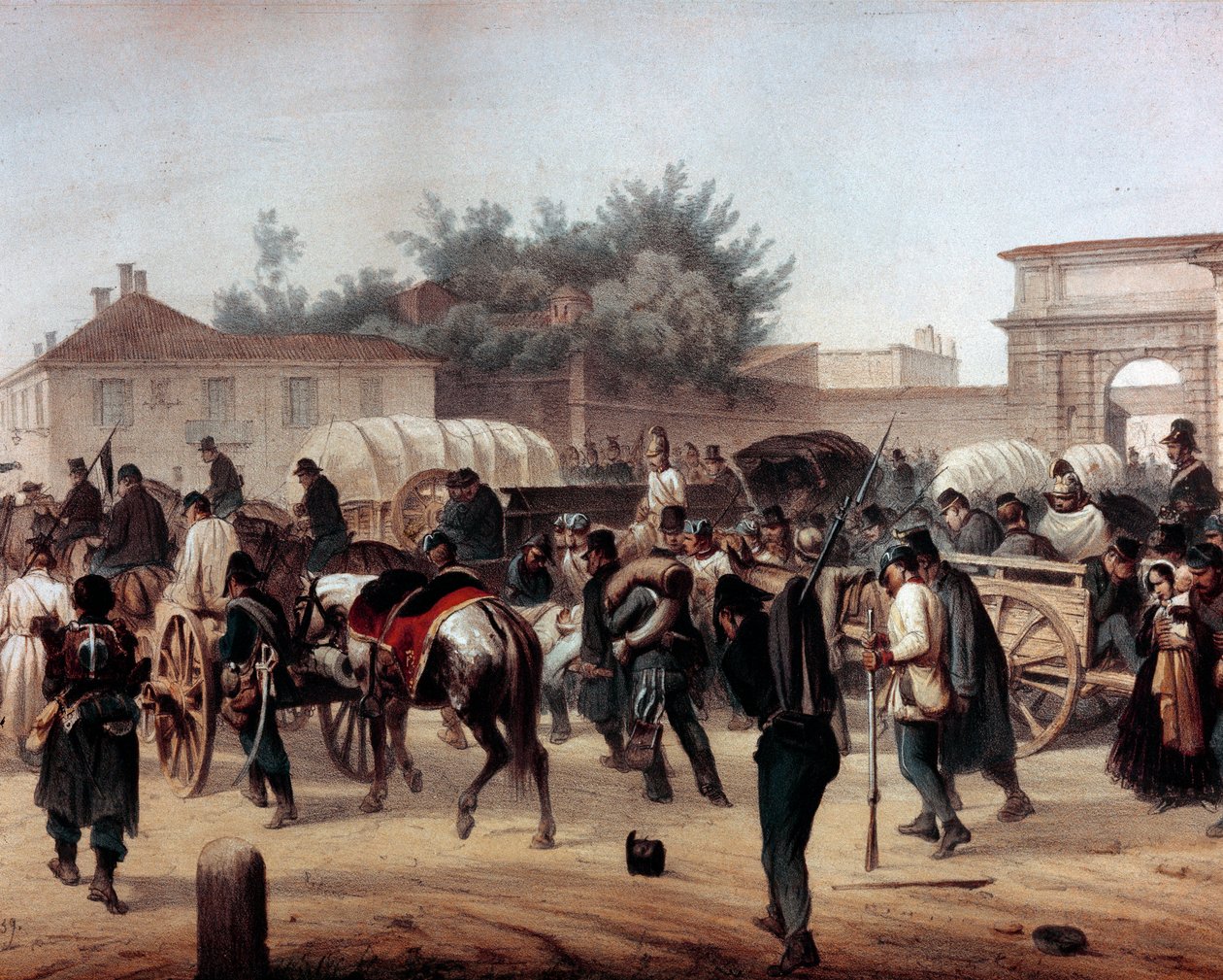 リソルジメント。ミラノの5日間（Cinque giornate di Milano）（1848年3月18日〜22日）：これは1848年の革命（第一次イタリア独立戦争の一部）の最初のエピソードのひとつで、ミラノの人々が反乱を起こしたことを示している。 作： 無名の画家