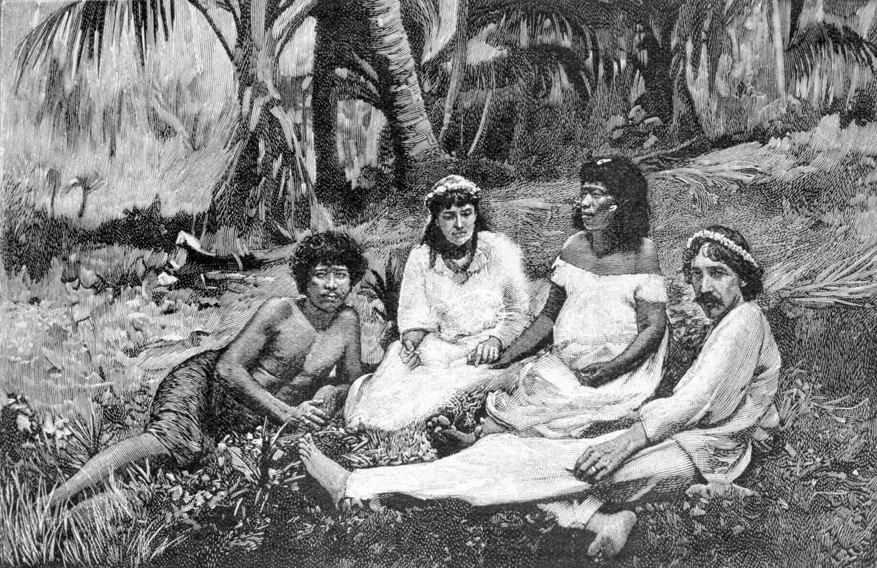 ロバート・ルイス・スティーブンソン(1850 - 1894)が、ヴァイリマに住居を構えていたサモアで、妻と一緒に撮影したもの。1890-1895年頃のエングレーヴィング。 作： 無名の画家