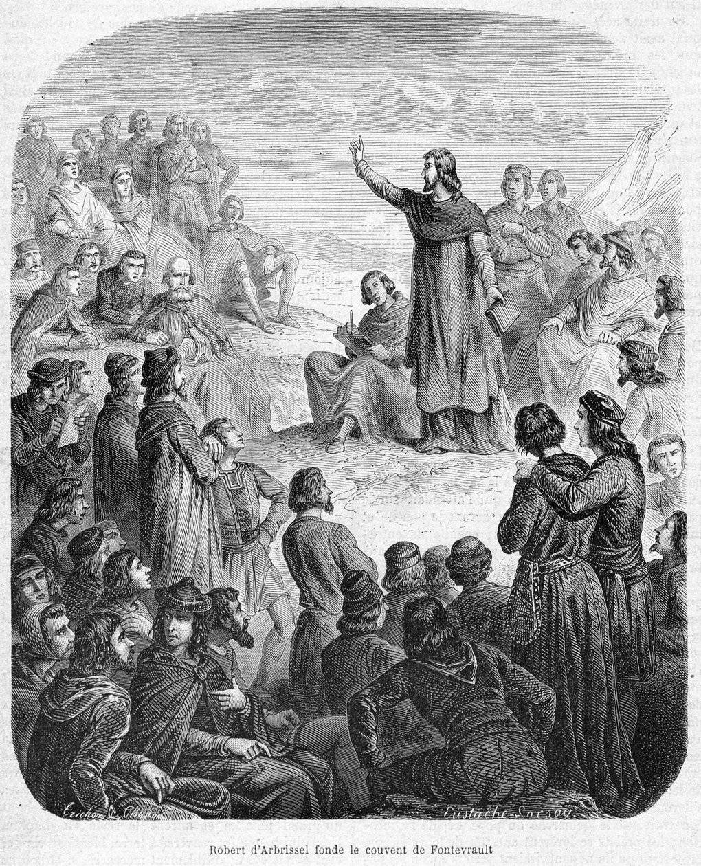 ロベール・ダルブリセルがフォントヴロー（フォントヴロー）の修道院を設立 - モーリス・ラシャトレ著「History of Popes, Kings, Queens, Emperors, through the centuries（数世紀にわたる教皇、王、女王、皇帝の歴史）」に掲載 1857年 作： 無名の画家