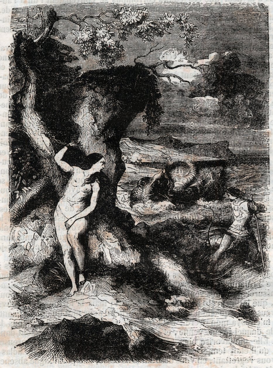 Roland delivre Olympe - Ludovico Ariostoの "Roland furieux" (Orlando furioso) (16世紀)からの1851年のエングレーヴィング、通称Ariosto - Edition translated by the Count of Tressan and published by Gustave Harvard 1851 作： 無名の画家