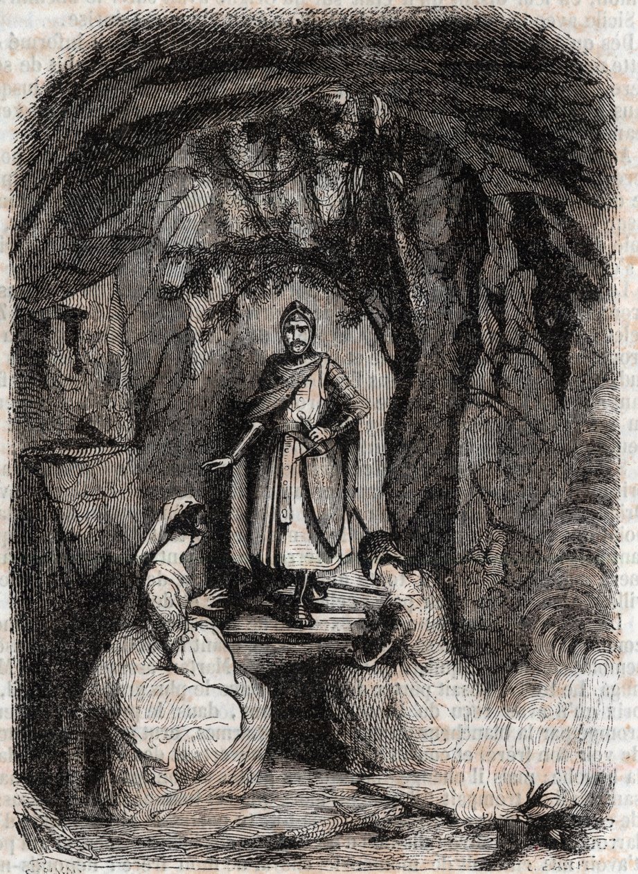 ローランが洞窟でイザベルを見ている-1851年の版画-アリオスタで知られるルドヴィコ・アリオストの「激情のローラン」（Orlando furioso）（16世紀）より-トレッサン伯爵がイタリア語から翻訳し、グスタフ・ハーバードが出版した版 1851年 作： 無名の画家