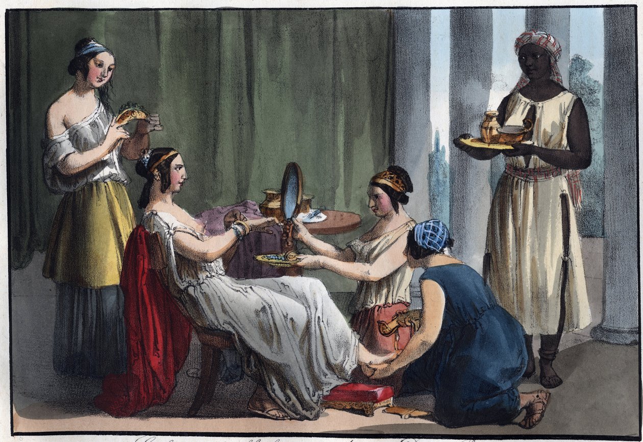 ローマ人女性のトイレ - 「宇宙のすべての人々の用途と習慣」からの彫刻。1856年、「最古の時代から現代までの、すべての国の政府、法律、民兵、宗教の歴史」。 作： 無名の画家