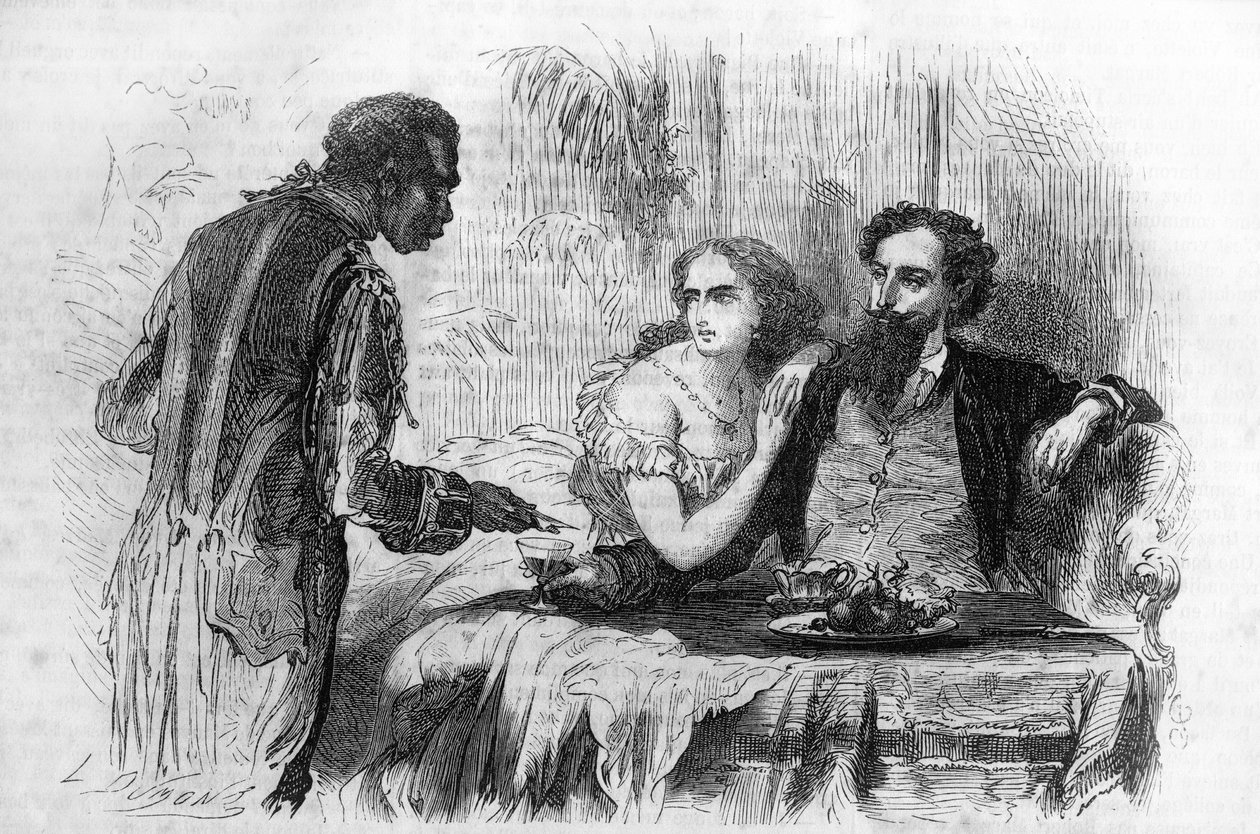 ローマの連載。"ポール・ボカージュ(1824-1887)の「パリの清教徒たち」。"黒人がロベールに名刺を持ってきた。""Les bons romances "のエングレーヴィング 作： 無名の画家