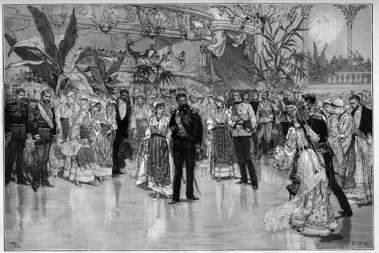 ルーマニア：ブカレストの国立劇場で行われたロドルフ皇太子（1858-1889）とステファニー・オーストリア・ハンガリー王女（1864-1945）を讃える舞踏会。"Le Monde Illustré "に掲載された図版 作： 無名の画家