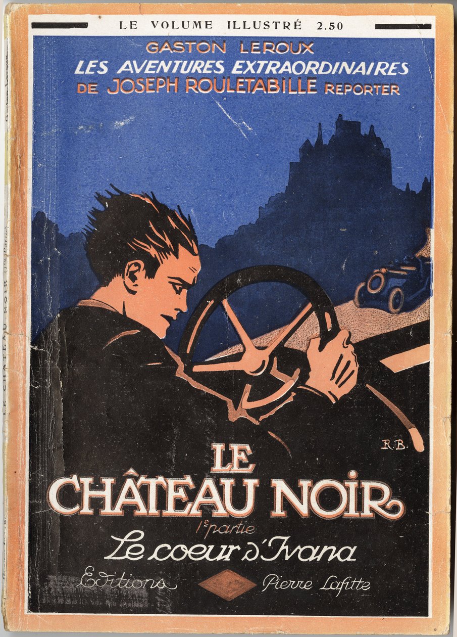 オープンカーのハンドルを握り、車を追いかけるルーレタビーユ、ガストン・ルルー（1868-1927）の表紙イラスト、ピエール・ラフィット版、パリ 作： 無名の画家