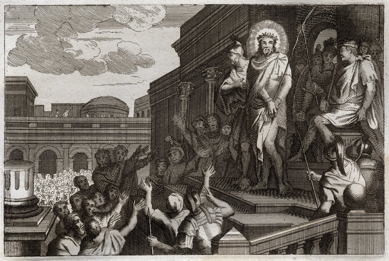 ローヤルモン聖書、新約聖書。エクセ・ホモ。ポンティウス・ピラト(Pontius Pilatius)は、「ここにその人あり」と言って、いばらを持ったイエス・キリストを群衆に差し出します。1811年のイラスト。 作： 無名の画家
