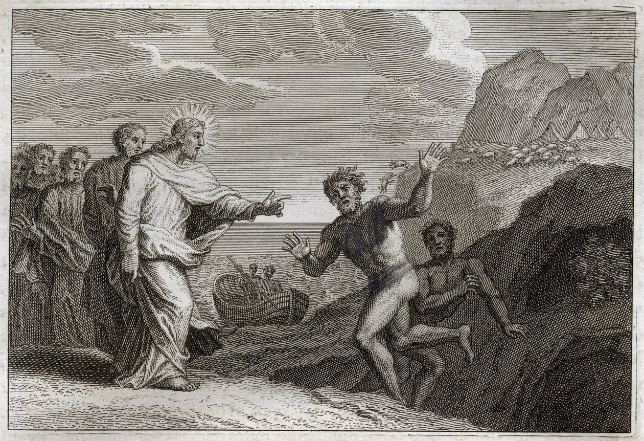ローヤルモン聖書、新約聖書。憑依された悪霊。イエス・キリストは、悪魔が激怒した憑依者を癒した。1811年のイラスト。 作： 無名の画家