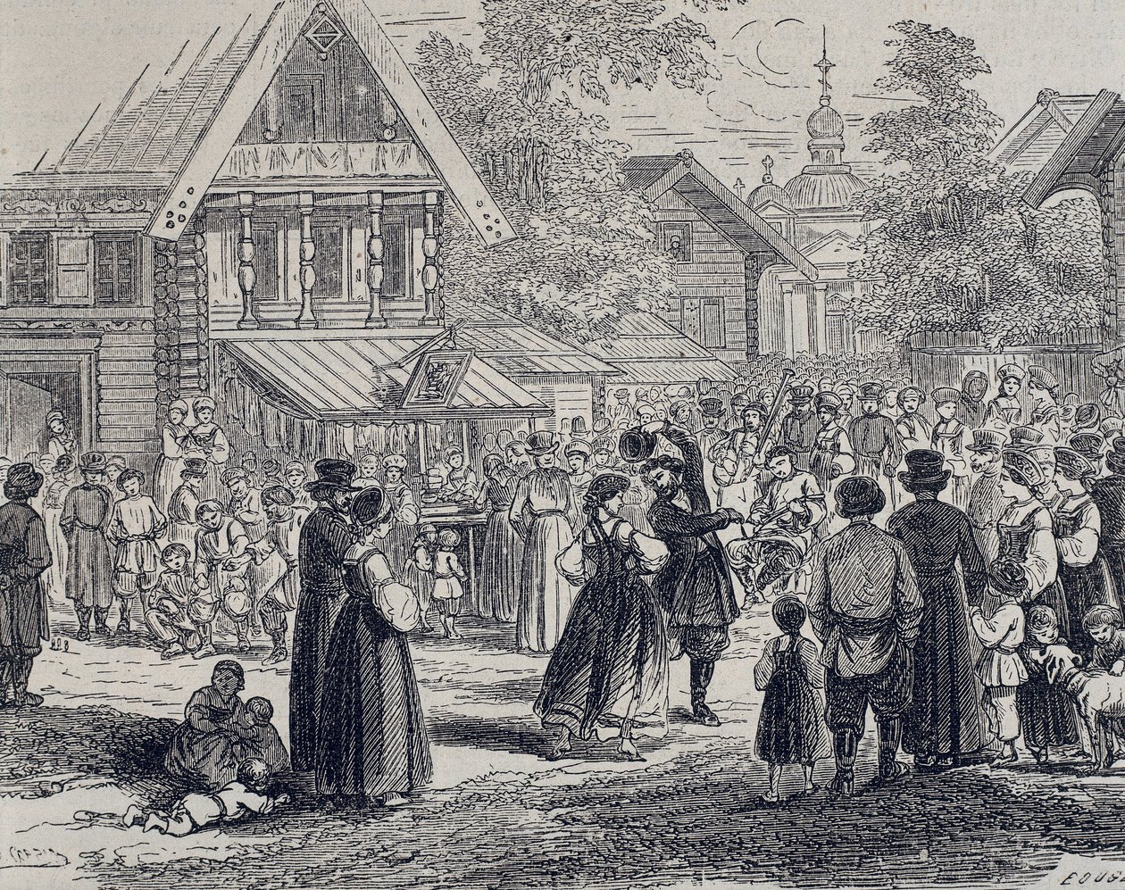 ロシア（C19）。村でのパーティー。1879年（エングレーヴィング） 作： 無名の画家