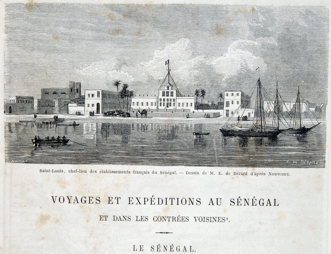セネガルにおけるフランス施設の首都、サン・ルイ - Tour du Monde誌の「Voyage et voyages au Sénégal」（1861年第2巻）に掲載。 作： 無名の画家
