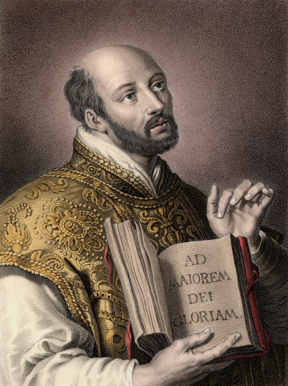 ロヨラの聖イグナティウス（1491-1556）スペインの神学者、イエス会のラテン語のモットー「Ad maiorem Dei gloriam（神の大いなる栄光のために）」が書かれた本を持っている - ロヨラのイグナティウスの肖像（Sant Ignazio or Saint Ignatius 作： 無名の画家