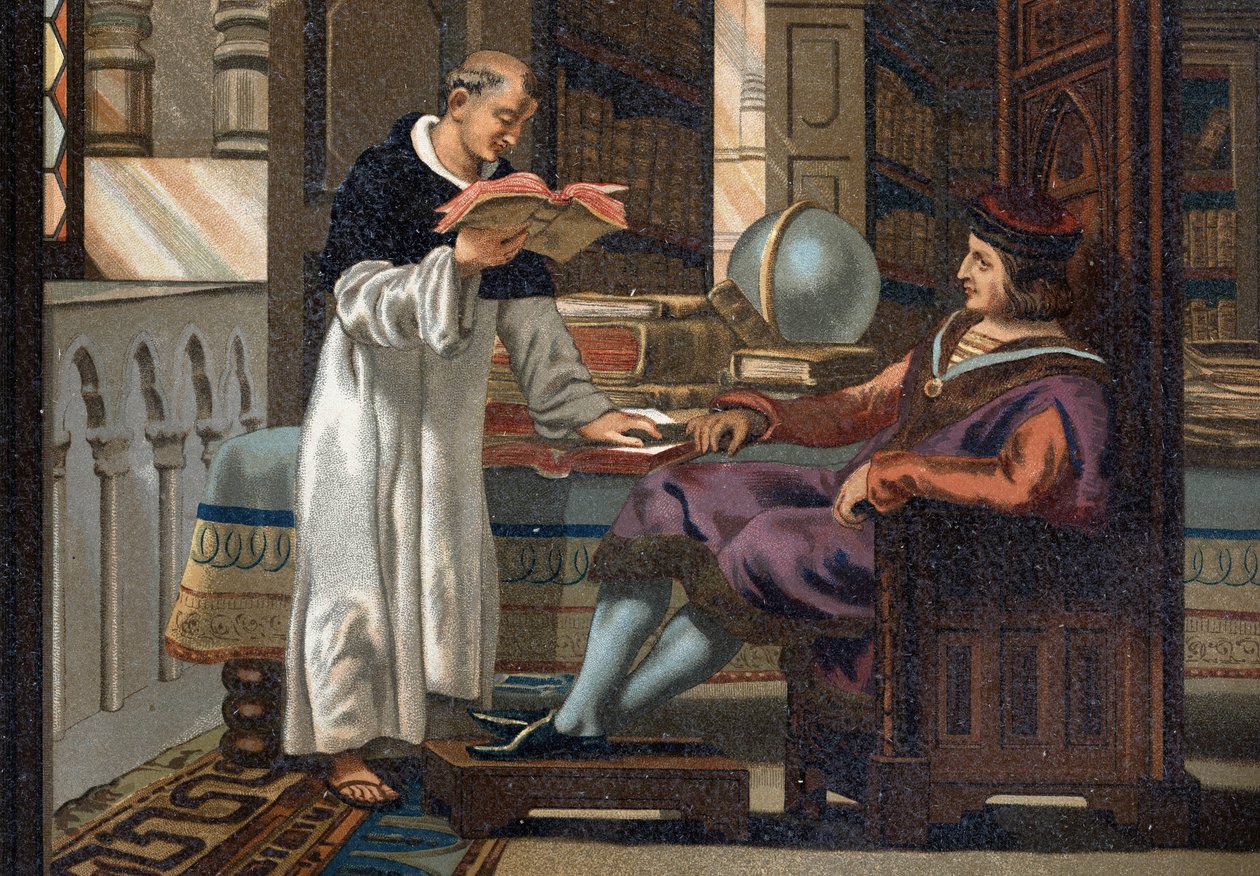 フランス王サン・ルイ（1214-1270）とその参謀サン・ヴァンサン・ド・ボーヴェ（v.1190-1264）、「La Ciencia y sus Hombres par Louis Figuier」の後に描かれています。バルセロナ 1881年 作： 無名の画家