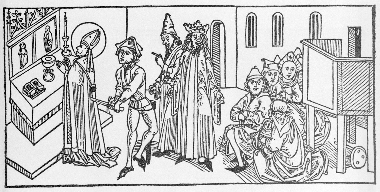 聖マタイ。VoragineのJacobus（James）（1228-1298）による「Leben der Heiligen - sommerteil」（聖人の書）からのエングレーヴィング。Lubeck 1488年。 作： 無名の画家