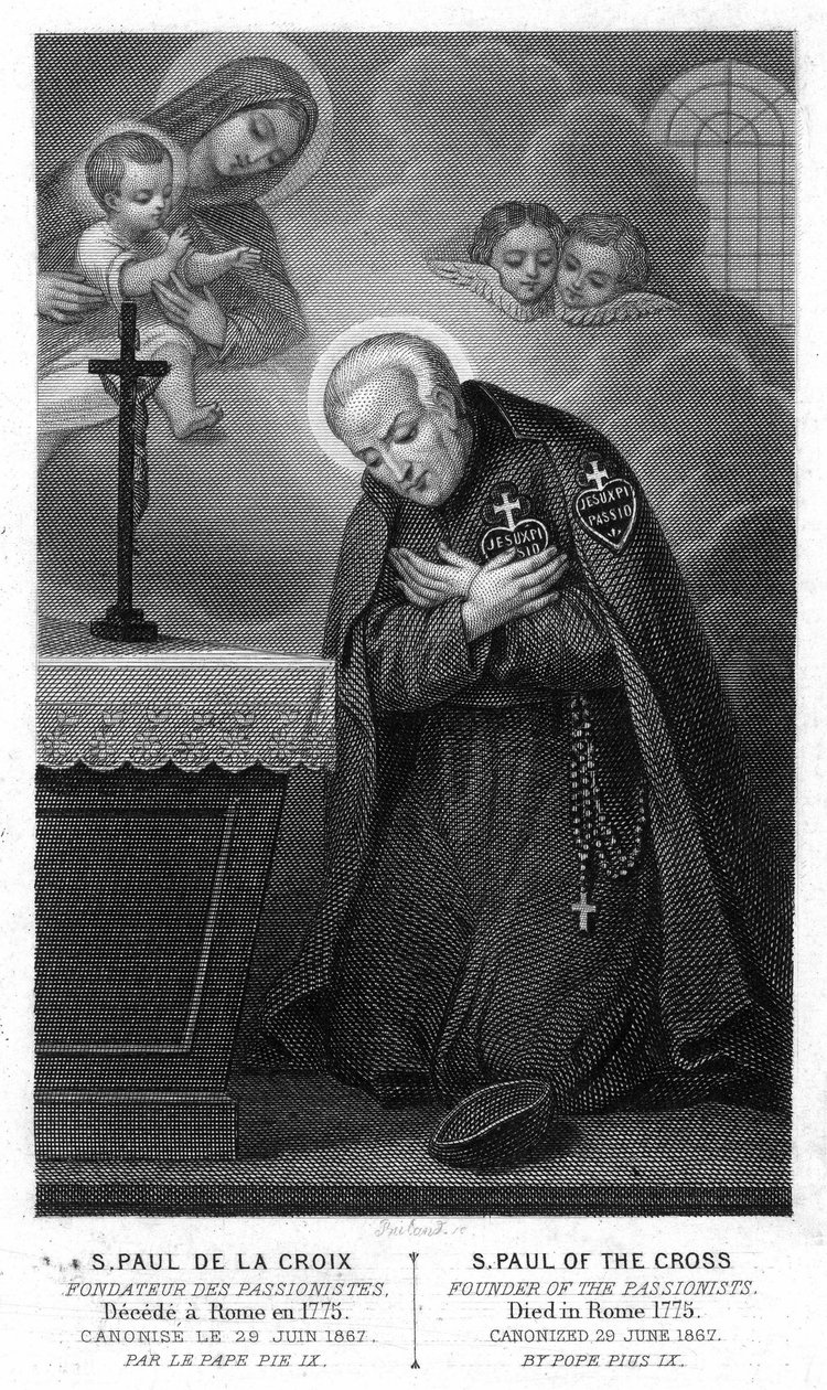 十字架の聖パウロは、1775年にローマで失望した受難者たちの創始者であり、1867年6月29日に教皇ピオ9世によって列福されました。19世紀のエングレーヴィング。 作： 無名の画家