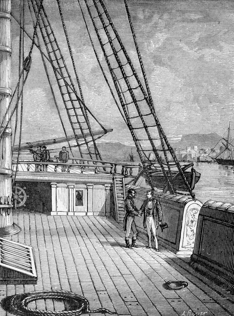 電子電信（1844年）とモールス・アルファベットを発明したサミュエル・モールス（1791～1872年）は、1832年に定期船 "サリー "に乗船した。エングレービング 19世紀 作： 無名の画家
