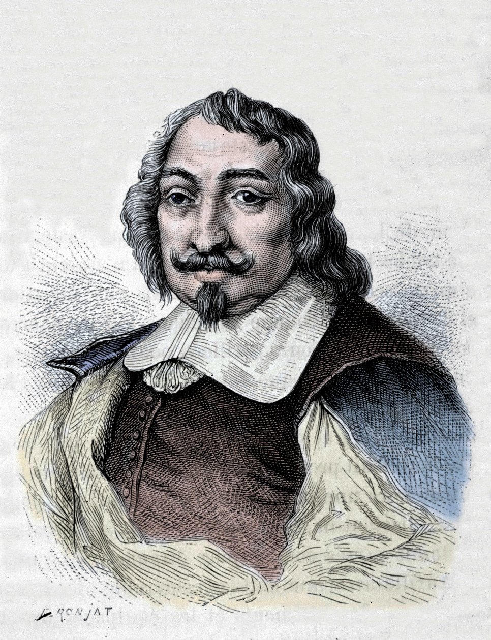 サミュエル・ド・シャンプラン（Samuel de Champlain）：フランスの探検家、植民者（1567-1635）。カナダの植民者。モンコルネの本格的な肖像画の後、1830年に制作されたエングレーヴィング。 作： 無名の画家
