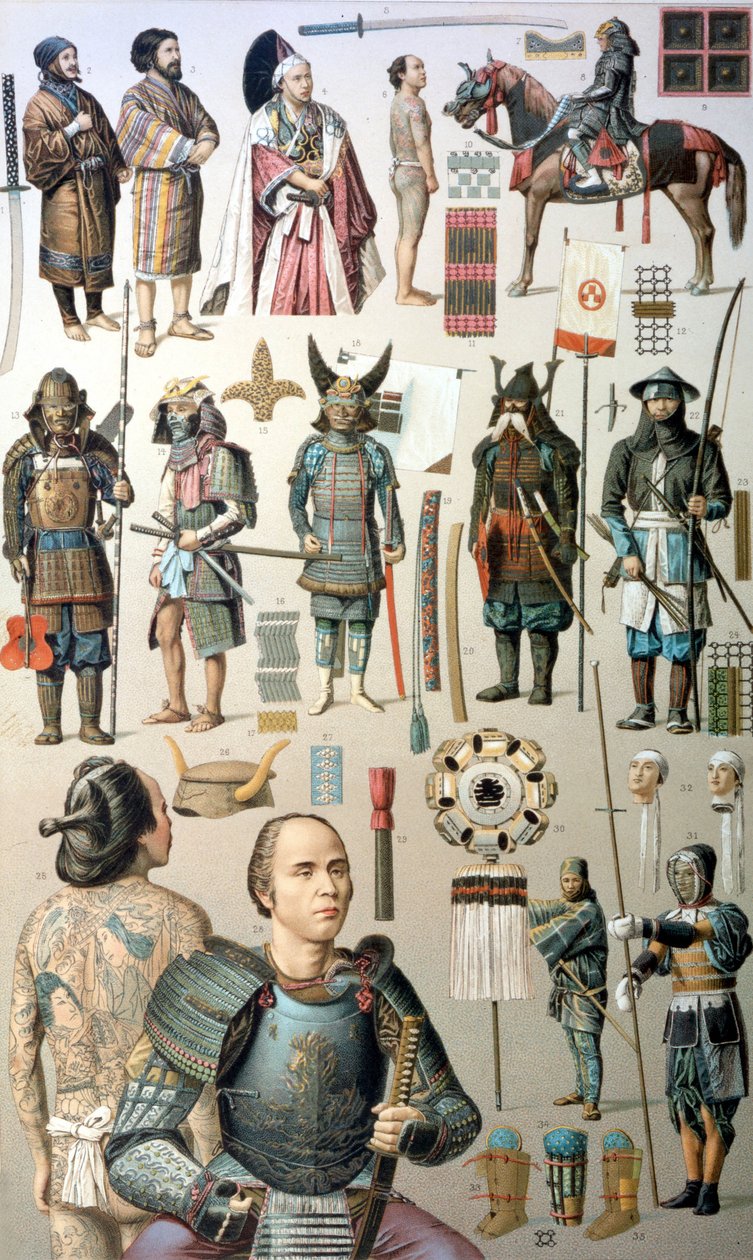 侍の衣装、武器、甲冑。19世紀には 作： 無名の画家