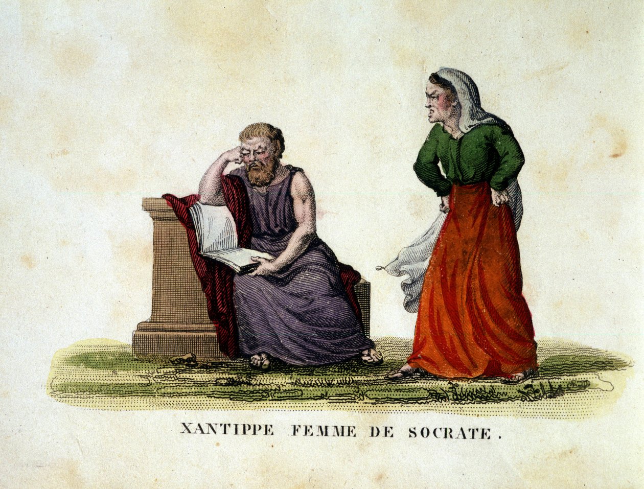 ソクラテスとその妻ザンティッペ（Xanthippe）との間の男女の情景 - エングレーヴィング 作： 無名の画家