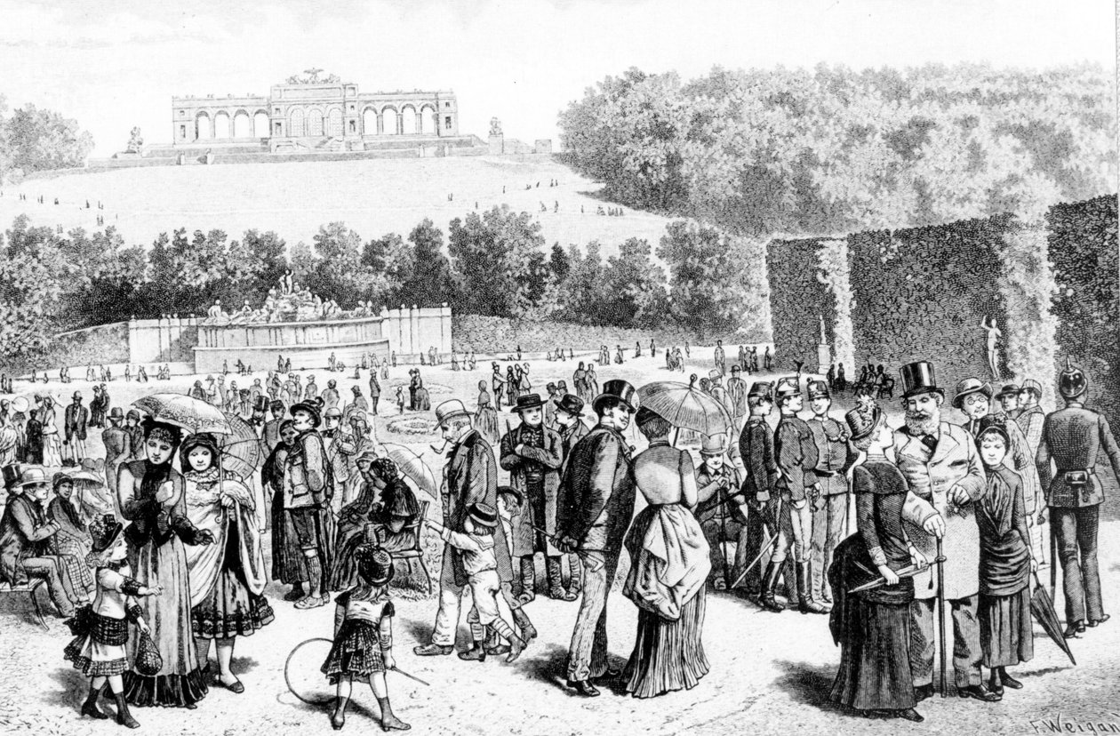 ショーンブルン公園は、ウィーンからほど近い場所にある宮殿と庭園の複合施設で、18世紀からハプスブルク家の夏の離宮となっていました。19世紀のリトグラフ。 作： 無名の画家