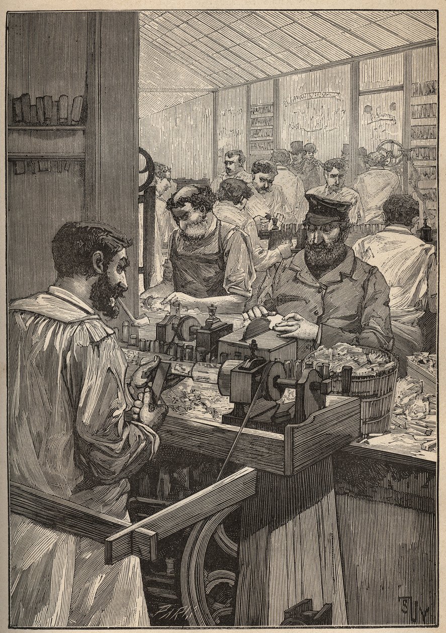 シースキム：シースキムパイプの製造。Adolphe BITARDの "Les arts et metiers illustres "に掲載された1885年の図版。 作： 無名の画家