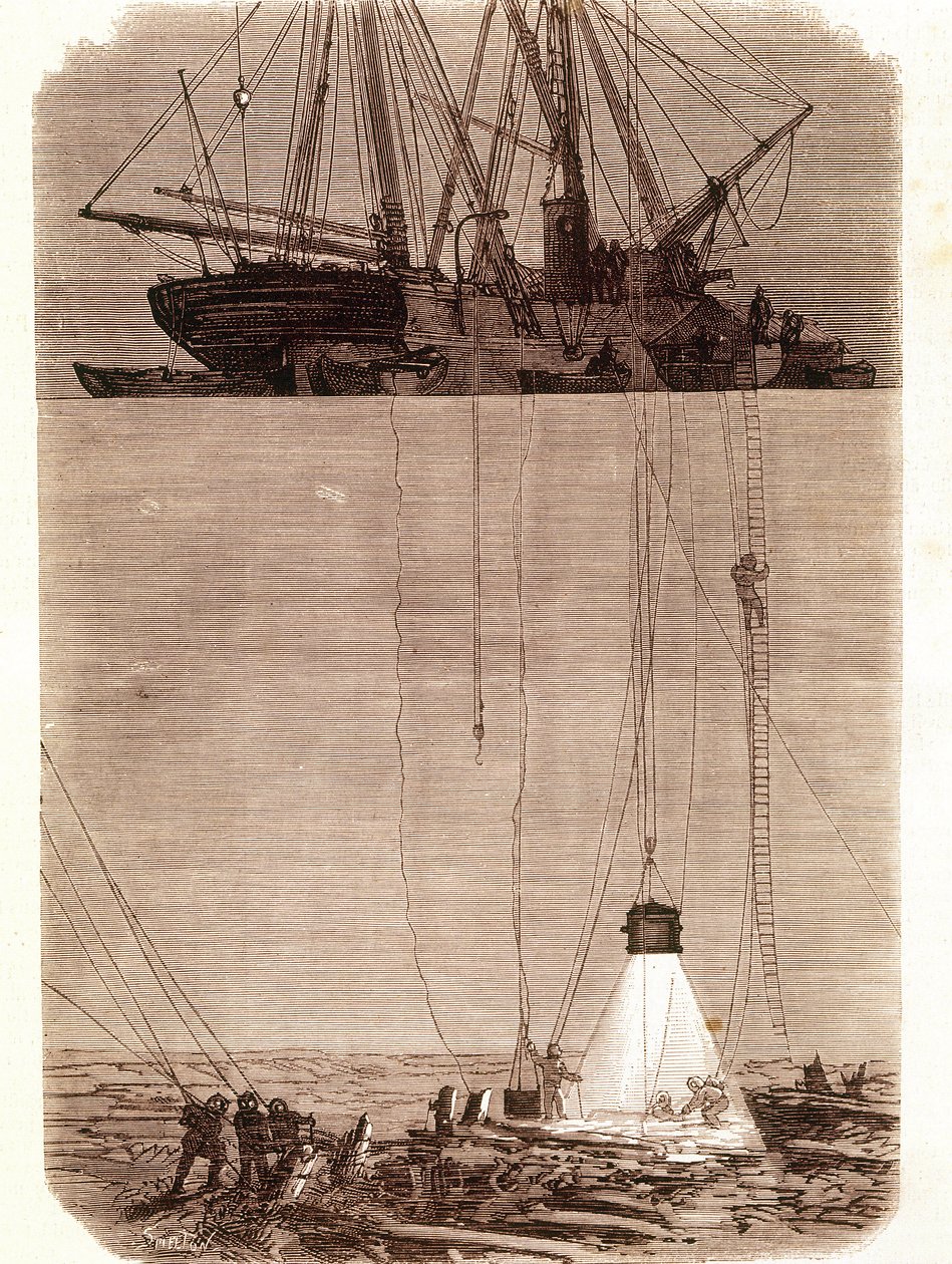 1702年にビゴ湾で難破したスペインのガレオン船を探す。エンポリオ・ピクチャーズコ」1871年版からの引用ページ 作： 無名の画家