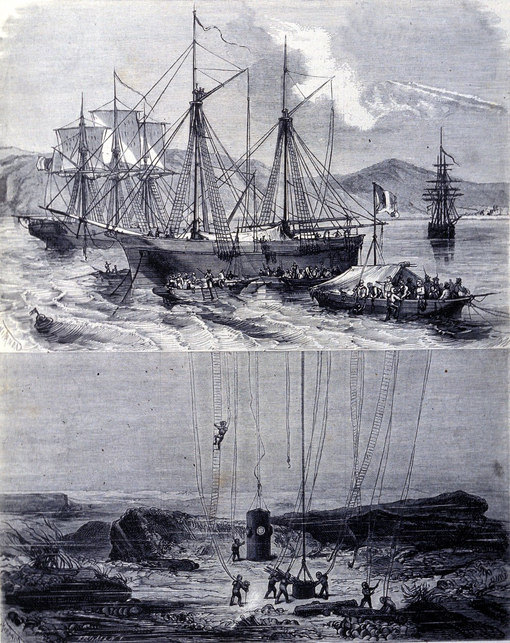1702年にビゴ湾で沈没したスペインのガレオン船を探す。19世紀 作： 無名の画家