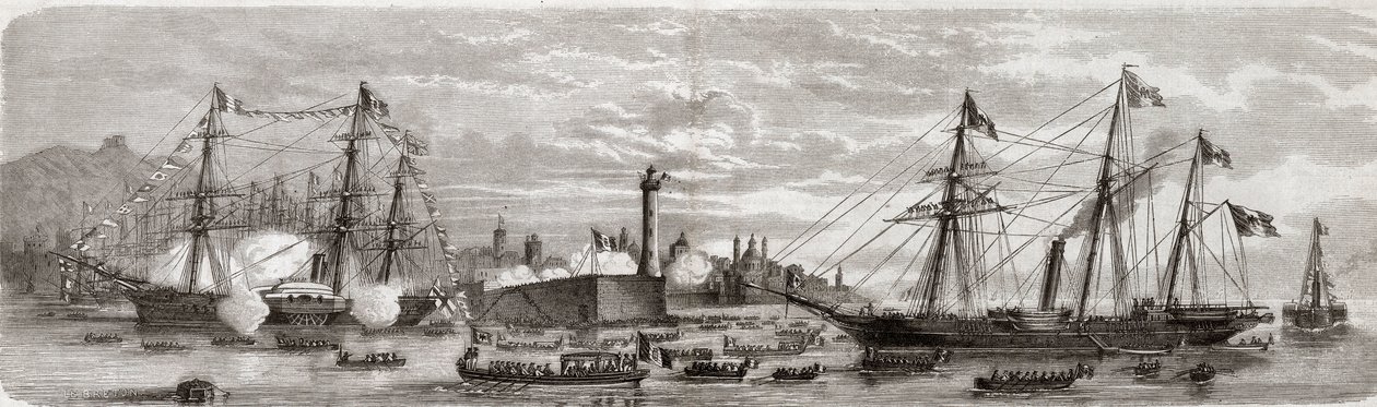 第二次イタリア独立戦争、1859年のイタリアキャンペーン。ナポレオン3世(1808-1873)のジェネス港での活躍 1859年12月05日-ジェノバへのフランス人の到着 作： 無名の画家
