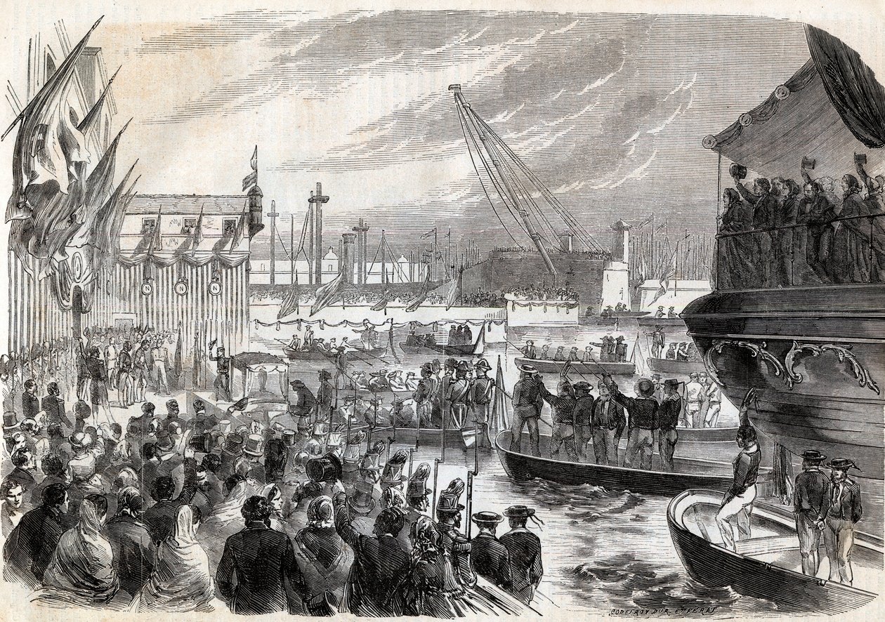 第二次イタリア独立戦争、1859年のイタリアキャンペーン。ナポレオン3世（1808-1873）のジェネス港での活躍 1859年12月05日-ジェノバへのフランス人の到着 作： 無名の画家