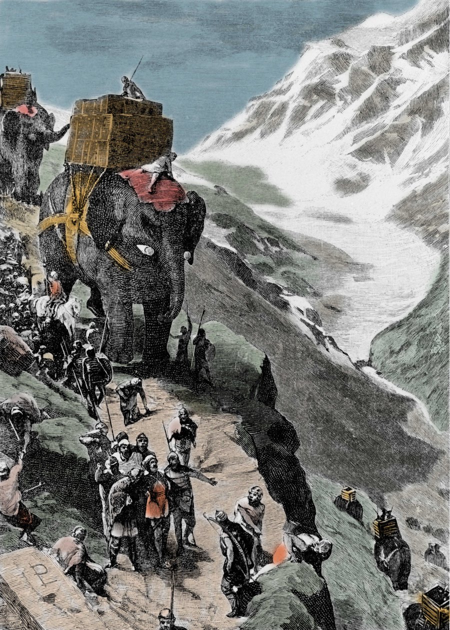 第二次ポエニ戦争。紀元前218年、アルプスを越えるハンニバル・バルカの軍隊。19世紀のイタリアの彫刻。 作： 無名の画家