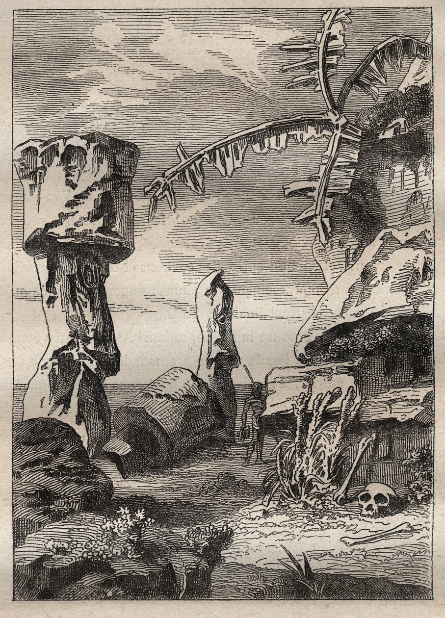 キャプテン・ジェームズ・クック（1728-1779）の第2回目の航海（1772-1775）：イースター島のモニュメント（モニュメント像、モアイ） - 図版は "The Great Mariners of 18th century "より引用。 作： 無名の画家