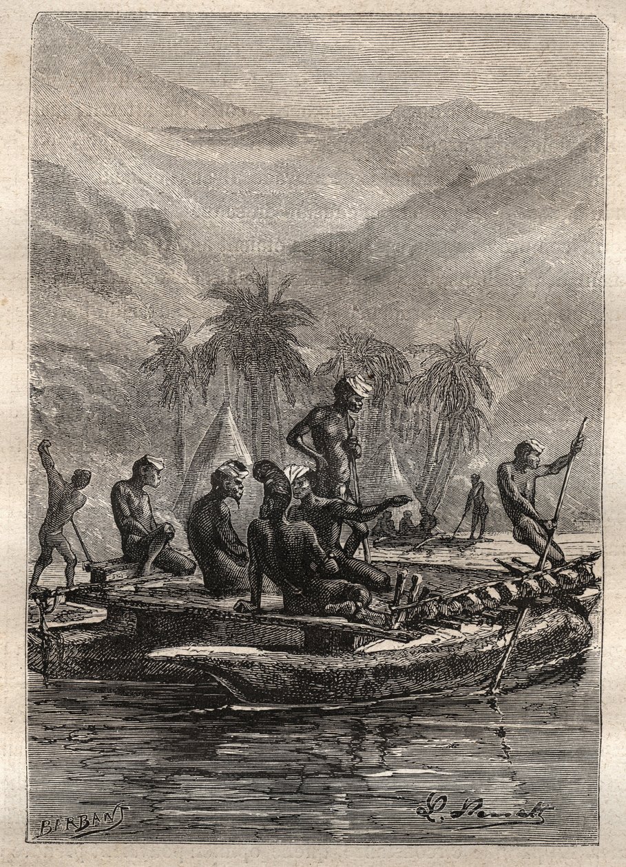 キャプテン・ジェームズ・クック（1728-1779）の第2回目の航海（1772-1775）：原住民は十分な自信を持って近づき、交流した（ニューカレドニア）-イラストは "The Great Mariners of 18th century "より引用 作： 無名の画家