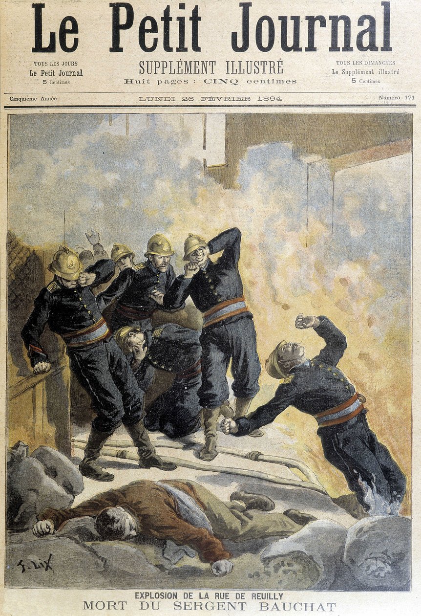 ボウシャ軍曹はルイィ通りの爆発事故の後、消防隊員の間で亡くなった。1894年の "リトル・ジャーナル "のイラスト。 作： 無名の画家