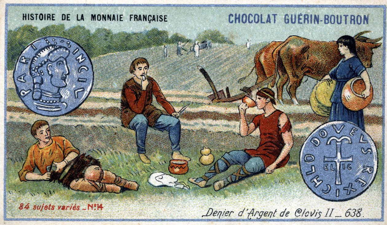 ショコラ・ゲラン・プトロン社のHistoire de la Monnaie Françaiseシリーズ。クロモリトグラフ 19世紀638年クロヴィス2世の銀製デニール 作： 無名の画家