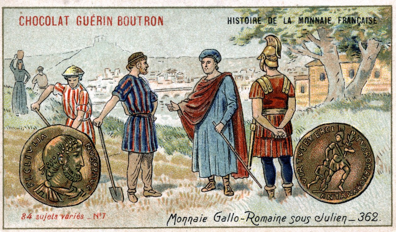 ショコラ・ゲラン・プトロン社のHistoire de la Monnaie Françaiseシリーズ。19世紀のクロモリトグラフ。ジュリアンの下でのガロ・ローマ・コイン 作： 無名の画家