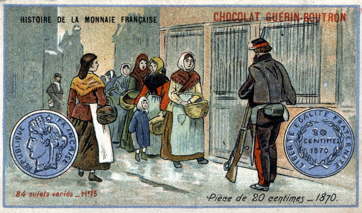 ショコラ・ゲラン・プトロン社のHistoire de la Monnaie Françaiseシリーズ。19世紀のクロモリトグラフ。1870年の20セント硬貨 作： 無名の画家