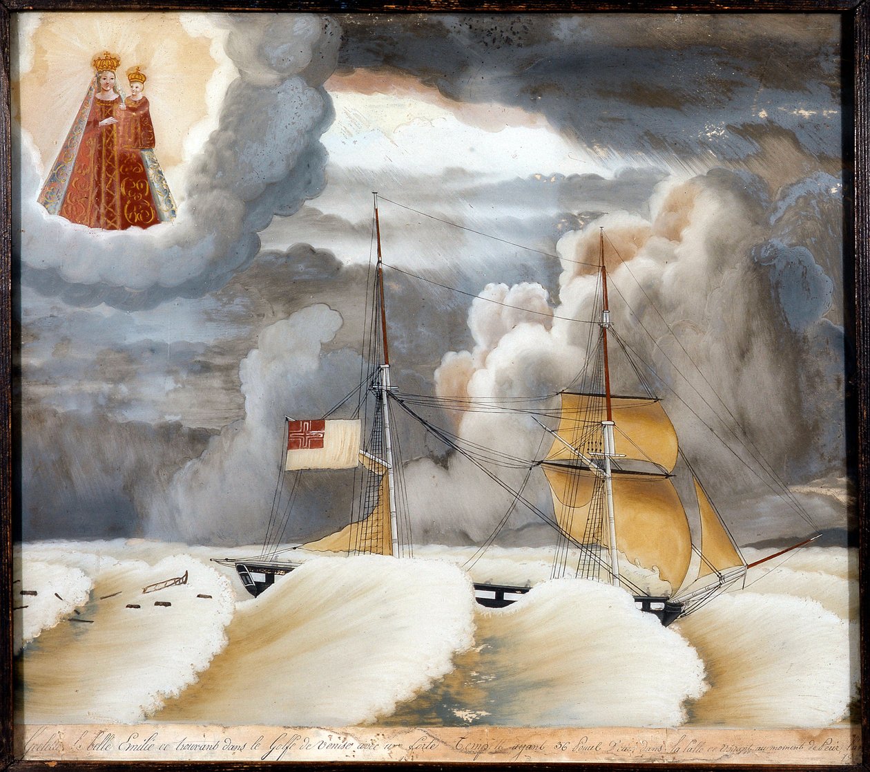 難航している船「La belle Emilie」-木に描かれた絵画、ノートルダム・ド・ラゲットのex voto、44x37 cm 作： 無名の画家