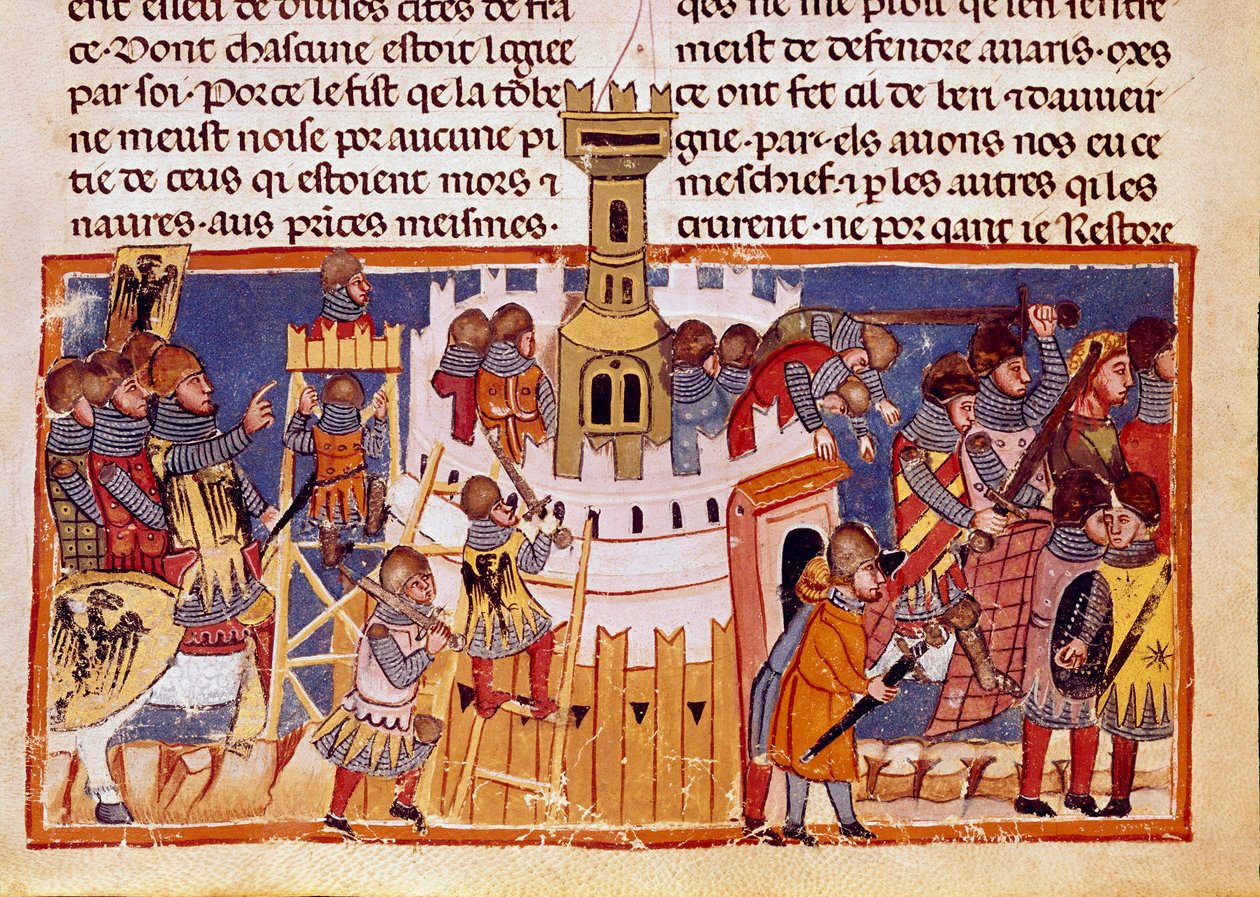 要塞都市の包囲 ミニチュア 12人のセザールの生涯を描いた「ローマ人の事実」からの引用。13世紀 ヴェネツィア、ビブリオテカ・マルシアーナ 作： 無名の画家