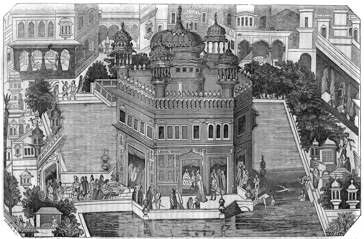 シーク教：インドのパンジャブ州（ラホール王国）にあるシーク教の文化の中心地、盆地と都市アムリトサルの黄金寺院（ハルマンディール・サヒブ）の風景。1836年「絵のある店」にて 作： 無名の画家