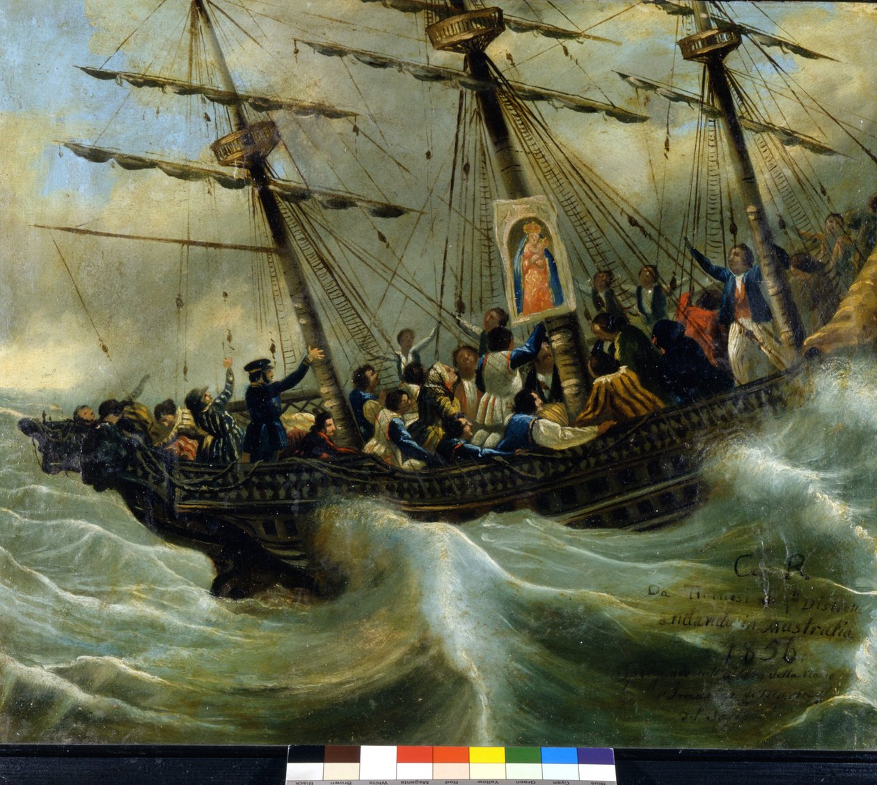 スイス移民船の沈没事故。1856年、ロカルノのマドンナ・デル・サッソの聖域からの出土品。ジョバンニ・アントニオ・ヴァノーニの作品とされています。 作： 無名の画家