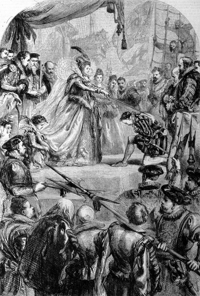 サー・フランシス・ドレイク（1540-1596）は、1581年にエリザベス1世からナイトの称号を授与されたイギリスの航海士です。エングレーヴィング。 作： 無名の画家