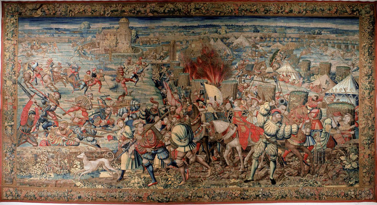 第6次イタリア戦争（1521-1526）：シャルル5世に対してフランソワ1世が敗北した1525年2月24日のパヴィア（Pavia）の戦いを表現したタペストリー。ナポリ。カポディモンテ国立博物館。 作： 無名の画家