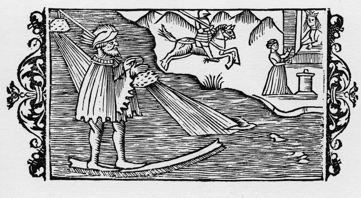 魔術師がソルティレッジを使って海を渡る-Olaus Magnusの "Historia de Gentibus Septentrionalibus "の中で、1555年にローマで。 作： 無名の画家