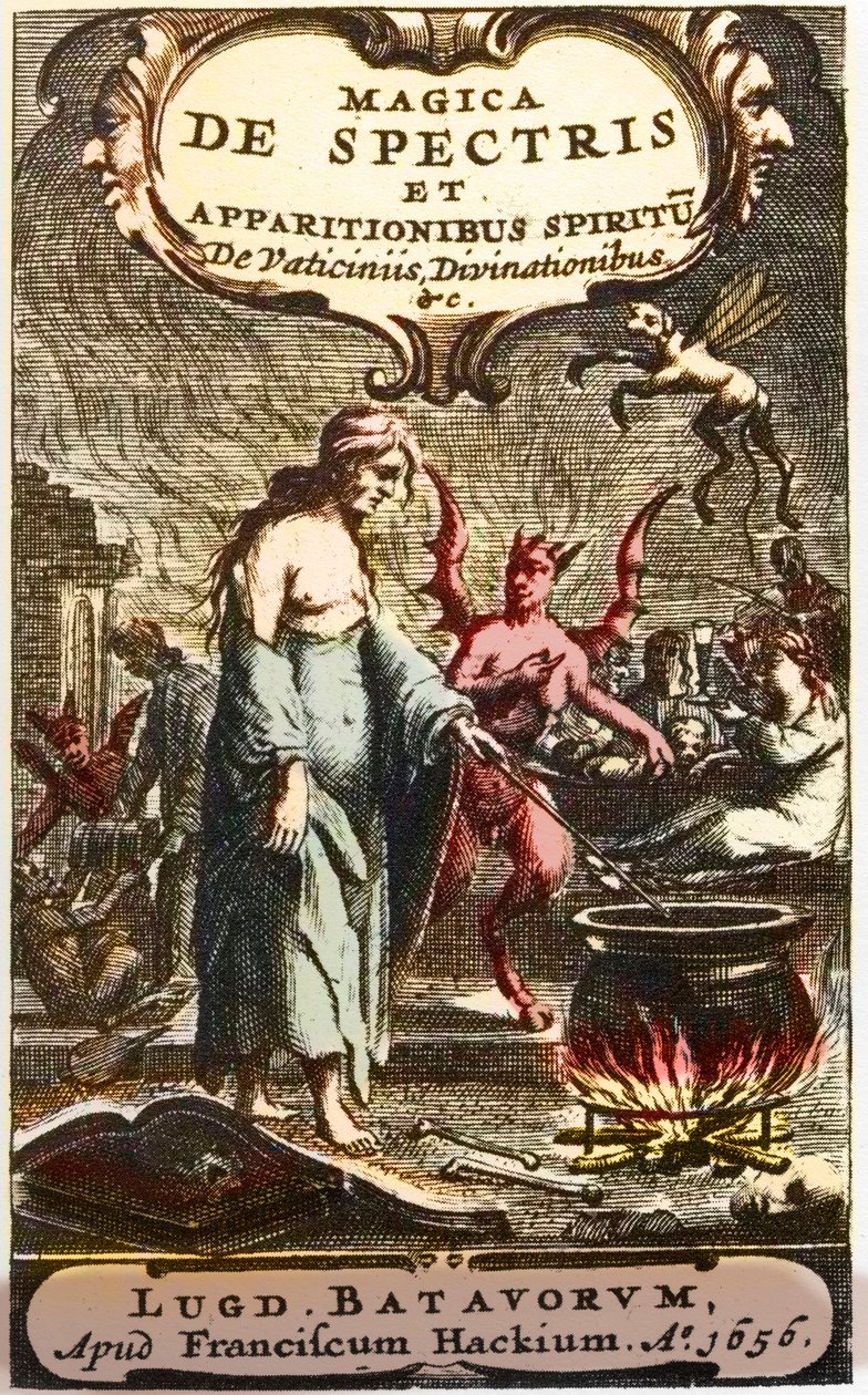 悪魔に見張られながら薬を調合する魔術師（Henningus Grosius著「Magica de spectris et apparitionibus spiritu de vaticiniis, divinationibus」の扉絵 作： 無名の画家