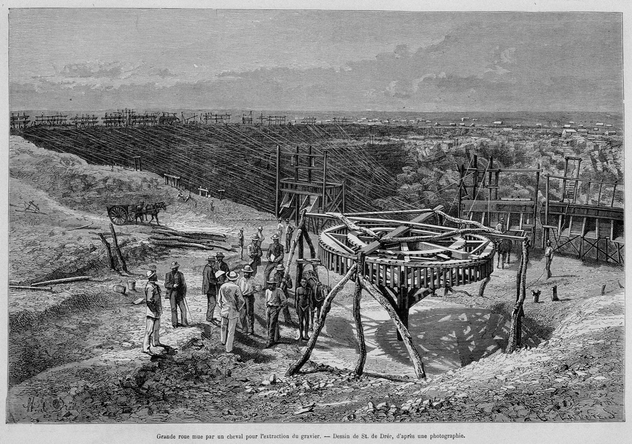 南アフリカのダイヤモンド鉱山：馬が引く砂利挽き機-1878年第2週の「Tour du Monde」に掲載。 作： 無名の画家