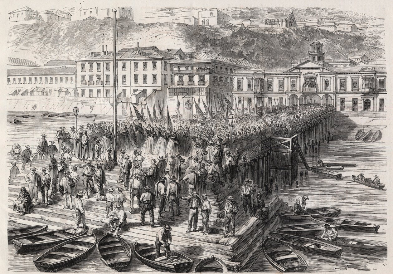 1865年9月、チリとスペインの間の南米ヒスパノ戦争：バルパライソの婦人たちは、港を封鎖しているスペイン艦隊の前で、愛国的な賛美歌を歌っている - Engraving In "The Illustrous World" 作： 無名の画家