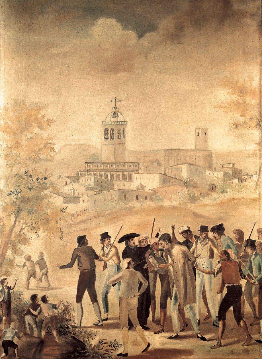 スペイン独立戦争（1808-1814）：マンレサに近いフランス人が逮捕される、匿名の絵。 作： 無名の画家