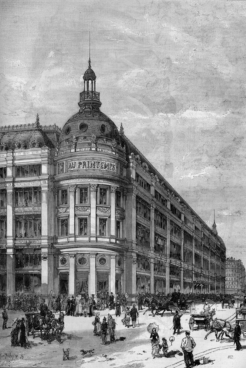 1883年、パリの春のデパート。プロヴァンス通りとカウマルタン通りの間にあるコーナーパビリオン。 作： 無名の画家
